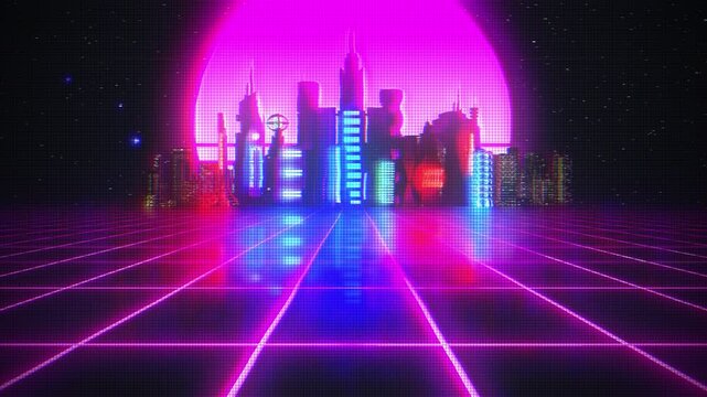 Retro-futuristic 80s style looping animation with night city background. Synthwave seamless loop cyberpunk cityscape for the music video. Futuristic 80s retro synthwave style 3d render animation loop.