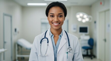 Smiling female doctor in medical coat with stethoscope in modern clinic