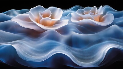 Fototapeta premium Two Delicate Flowers Resting on a Blue Wave