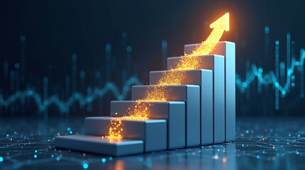 Futuristic data visualization showing a rising graph and an upward trend