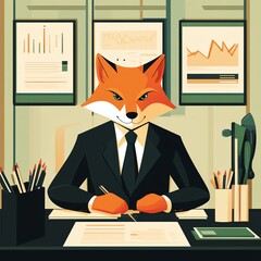 A clever fox in a suit engaged in business tasks, symbolizing smart decision-making and creativity.