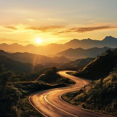 Serene Mountain Road at Sunrise - Beautiful Winding Road Scene