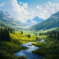 Serene Mountain Valley with Lush Green Meadows