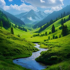 Serene Mountain Valley with Lush Green Meadows