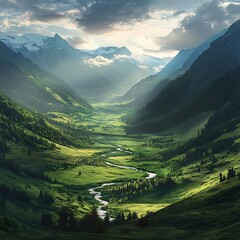 Serene Mountain Valley with Lush Green Meadows