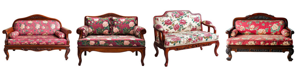 An ornate and luxurious set of vintage inspired furniture including sofas armchairs and couches adorned with a beautiful floral pattern in a classic refined living room interior design