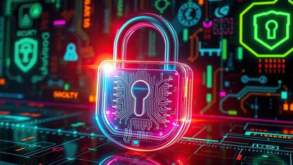 An image representing internet security. A three-dimensional, transparent padlock icon with an iridescent, glossy finish in rainbow colors. A dark, black background.