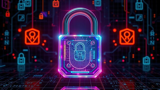 An image representing internet security. A three-dimensional, transparent padlock icon with an iridescent, glossy finish in rainbow colors. A dark, black background.