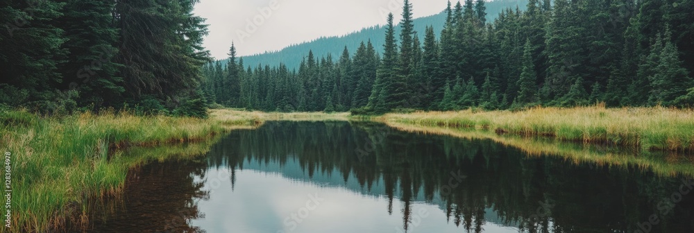 Poster evergreen trees create a stunning reflection in the calm water of a mountain lake, surrounded by lus