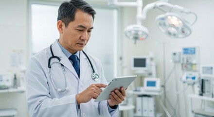 Male doctor reviewing patient information on tablet in surgical room