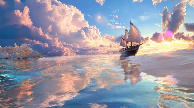 Surreal ship sailing over vast golden sands, blending elements of sea and desert, evoking a dreamlike journey across an endless landscape