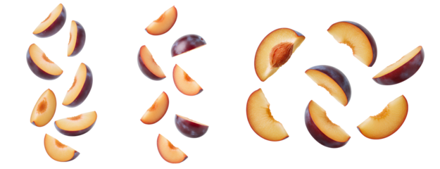 plum set PNG. plum fruit slices falling down isolated. Ripe plum slices scattered as they fall. Sliced plums falling down png