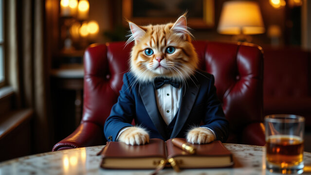Cat wearing suit at desk with drink.