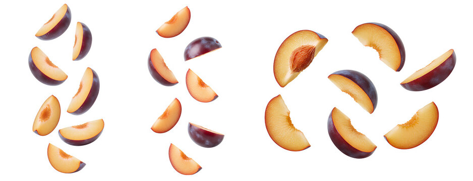 plum set PNG. plum fruit slices falling down isolated. Ripe plum slices scattered as they fall. Sliced plums falling down png