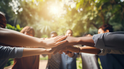 Close-up of several hands placed on top of one another in stack. Big family putting stacked hands together promising work in team. All family members showing their support, bride and groom hands