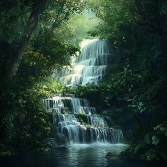 Tranquil Waterfall Flowing Amid Lush Green Foliage