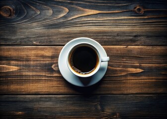 A minimalist coffee still life: dark wood, half-cup of coffee, serene business vibe.