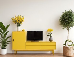 TV on Yellow cabinet or place object in modern living room with lamp,table,flower and plant on white wall background.Modern living room with orange sofa, yellow cabinet, and large TV.768