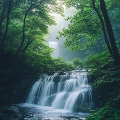 Tranquil Waterfall Flowing Amid Lush Green Foliage