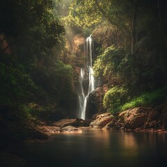 Tranquil Waterfall Flowing Amidst Lush Tropical Forest