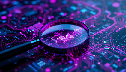"Magnifying Glass Highlighting Data on Circuit Board with Purple and Blue Lights"