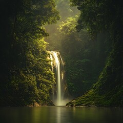 Tranquil Waterfall Flowing Amidst Lush Tropical Forest