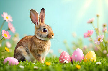 Fototapeta premium Cute Easter card with rabbit and eggs. Postcard with an Easter bunny. Space for the text. Easter Day. Selective focus.