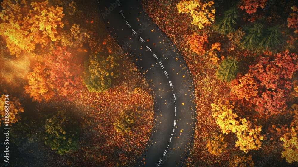 Poster aerial view of a winding road passing through a vibrant autumn forest with colorful foliage at sunse