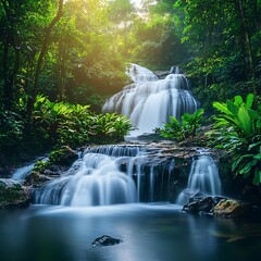 Serene Waterfall Cascading Through Lush Rainforest