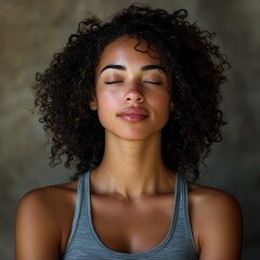 Serene Woman Meditating: Close-up Portrait with Curly Hair