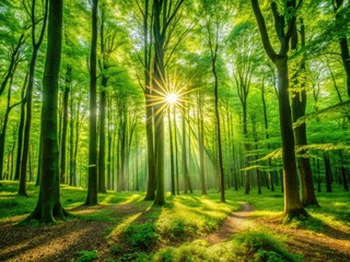 Fototapeta premium A sun-dappled panorama reveals a vibrant deciduous forest, a picturesque nature photograph.