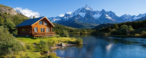 Scenic cabin by a lake with mountains in the background.