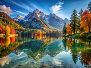 Obraz premium Bavarian Alps' Hintersee Lake glows at sunrise. Vibrant autumn colors mirror in the still mountain lake.