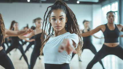 Obraz premium Young woman learning street dance in dance studio