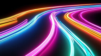 Dynamic Stream of Colorful Light Trails on a Black Background Creating a Sense of Speed and Modernity