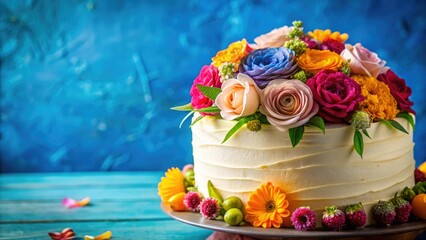 Blue-backgrounded floral cake, a delectable whipped cream pastry; sweet, delicious, perfect birthday treat.