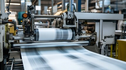 Close-up of a printing press in action, showing the paper moving through the rollers.