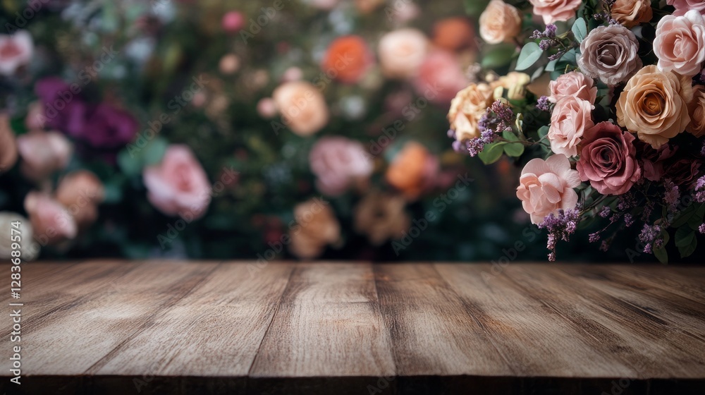 Poster An empty wooden table rests quietly as colorful blooms softly blur in the background, creating a serene atmosphere perfect for a gathering or peaceful reflection