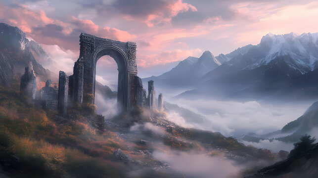 Mystical ruins overlook a foggy mountain valley suggesting a portal to another world or a gateway to a forgotten realm ancient and serene. Portal to Forgotten Worlds. Illustration