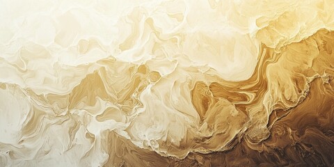 Abstract beige and white fluid painting background with golden highlights, showcasing intricate patterns of swirling liquid colors