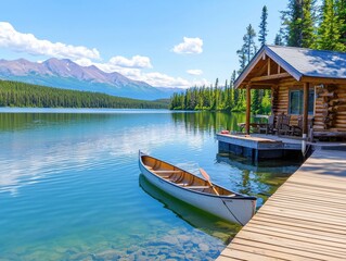 Obraz premium Serene lakeside cabin with a canoe on calm water.