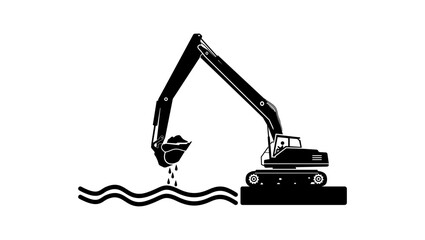 Excavator extracting soil from water, black isolated silhouette