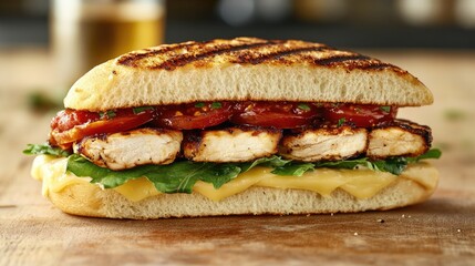 Grilled chicken sandwich, tomato relish, cheese. Food photography for menu