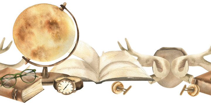 Vintage brown globe, opened book and male accessories watercolor seamless border.Hand drawn gentlemen and hipster interior clipart, male watch ,cufflinks banner for father's day textile, fabric design