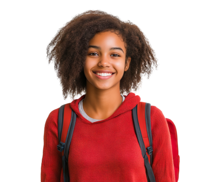 Smiling African American teenage girl with backpack, isolated on transparent cutout background