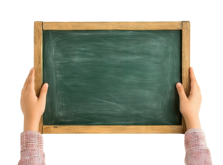 Hands holding a blank green chalkboard with a wooden frame, isolated on transparent cutout background