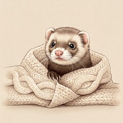"A Curious Ferret Peeking Out of a Cozy Woolen Scarf – A Cute and Warm Pencil Color Drawing"