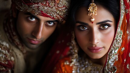 Traditional Indian Couple in Elegant Wedding Attire and Jewelry