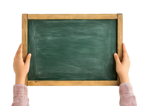 Hands holding a blank green chalkboard with a wooden frame, isolated on transparent cutout background - Powered by Adobe