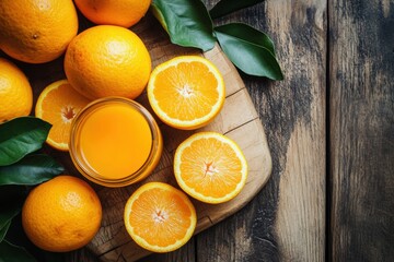 Freshly squeezed orange juice alongside ripe oranges and green leaves on a rustic wooden table. Generative AI